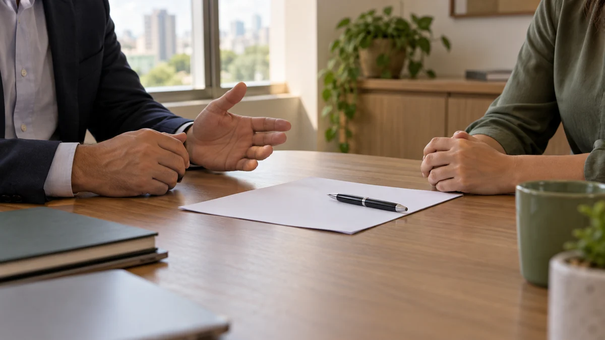 Duas pessoas conversando sobre um documento em uma mesa. Imagem ilustrativa.
