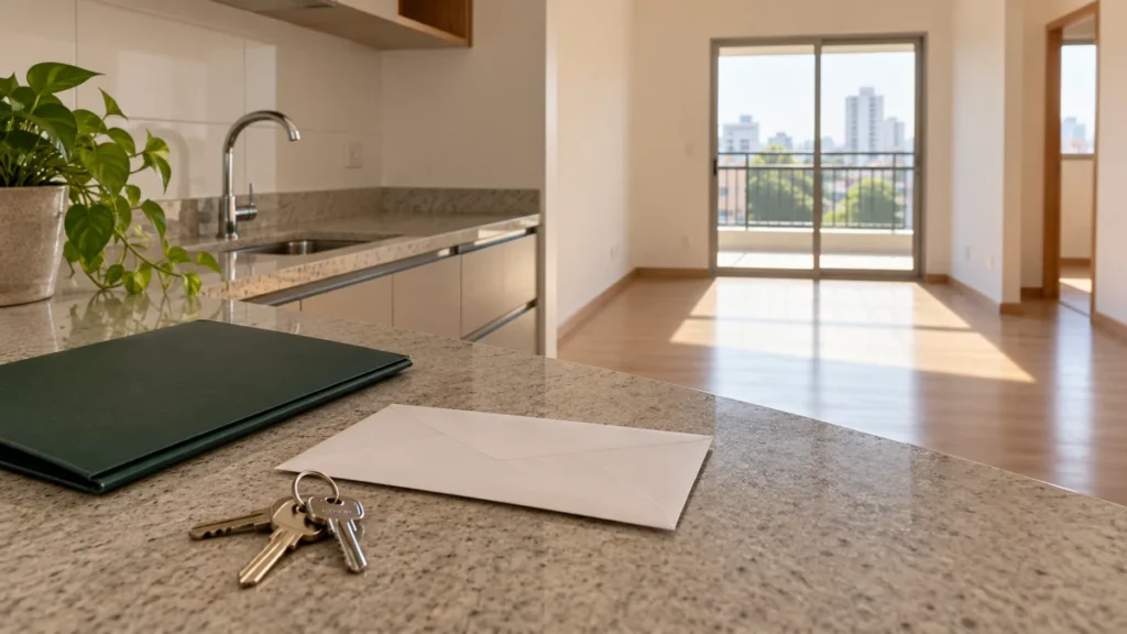 Chaves e pasta sobre bancada de apartamento vazio; fotografia ilustrativa