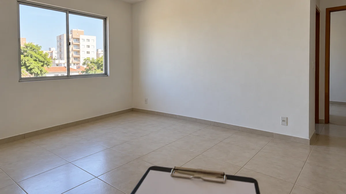 Ambiente vazio com parede, piso e prancheta para ilustrar a vistoria de locação