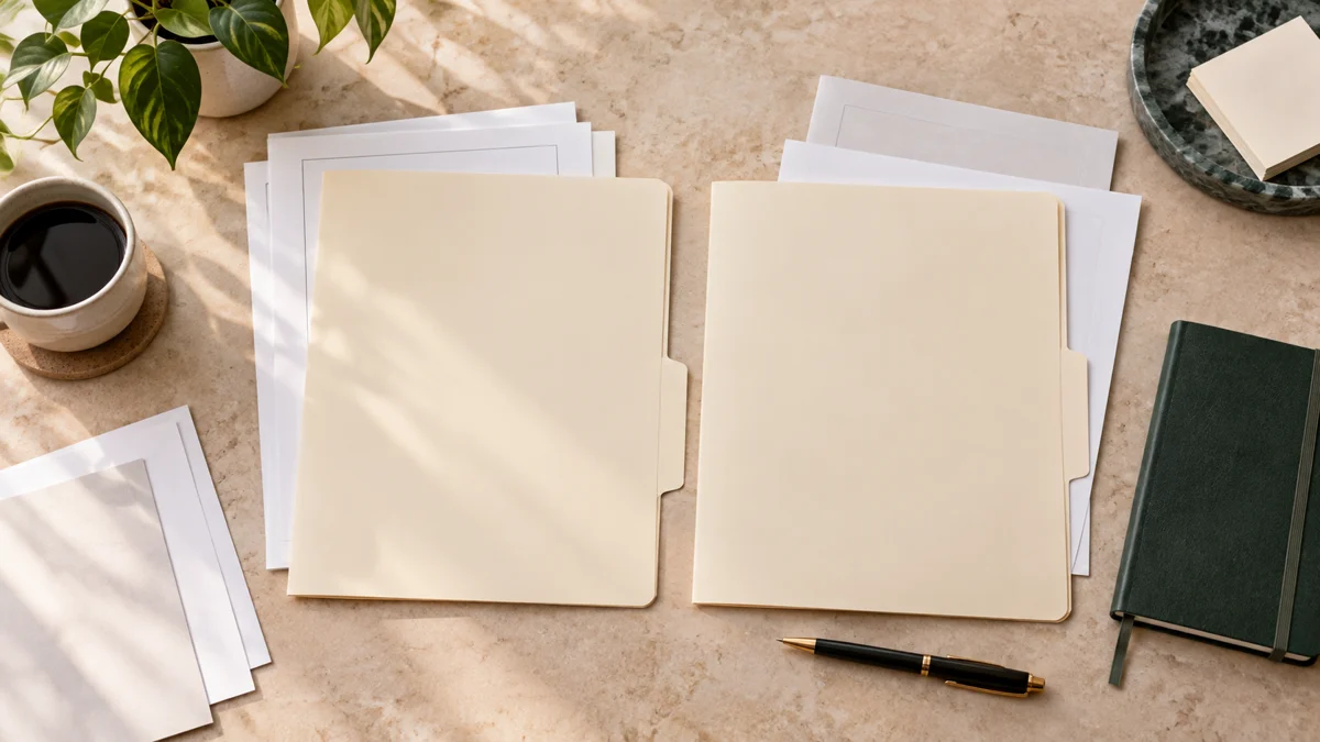 Pastas e papéis organizados para preparar o atendimento jurídico; imagem ilustrativa