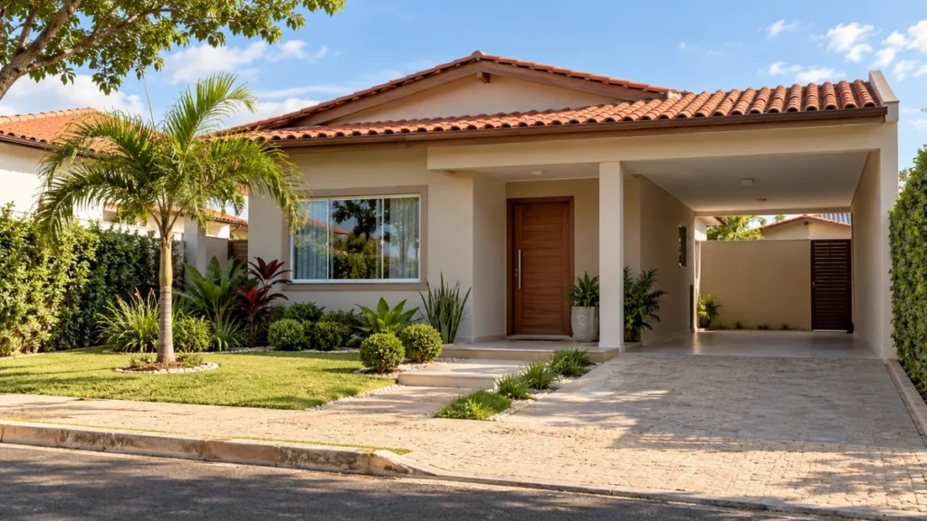 Fachada residencial com jardim; fotografia ilustrativa gerada por IA
