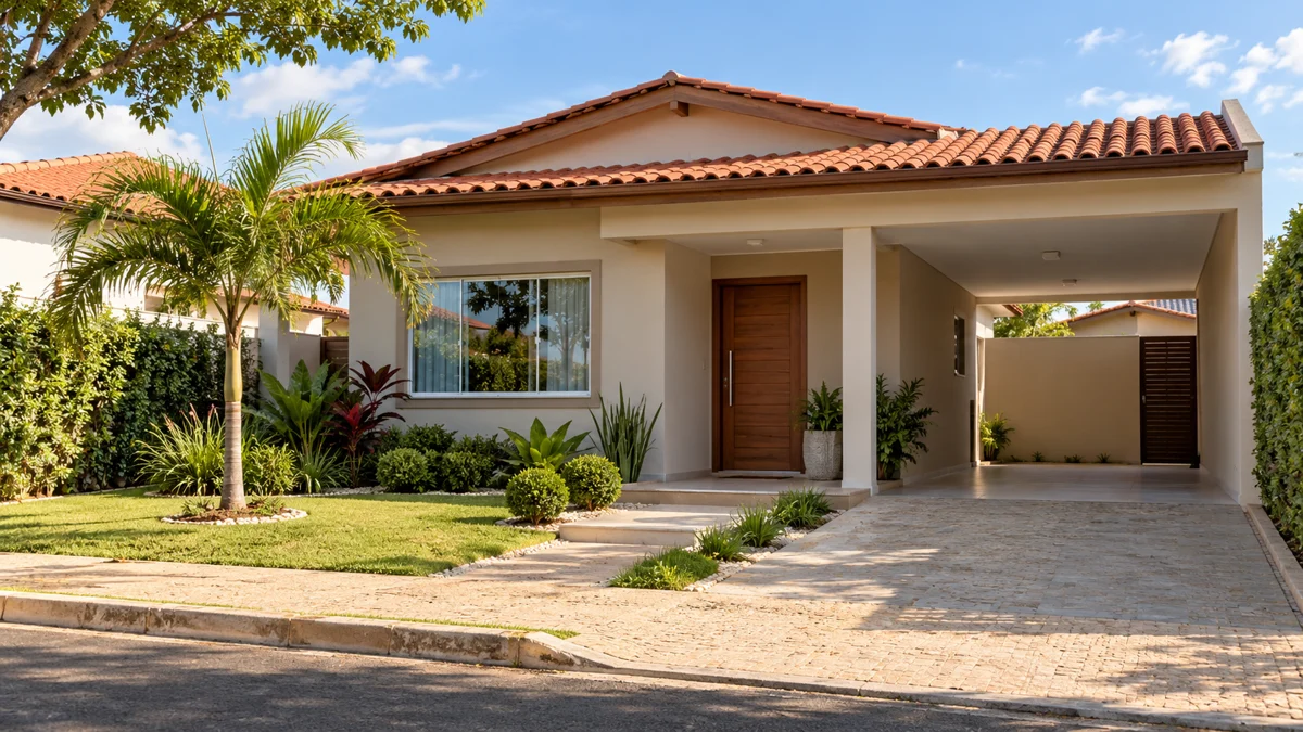 Fachada residencial com jardim; fotografia ilustrativa gerada por IA