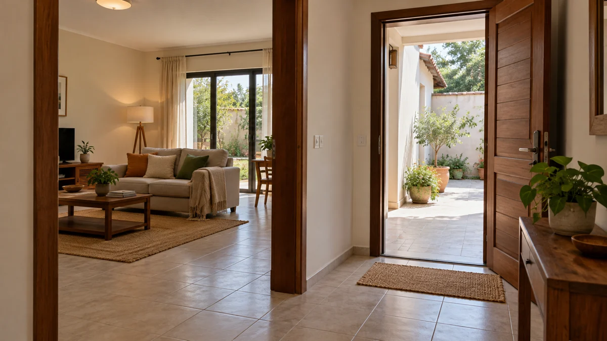 Interior de casa com portas e área externa para ilustrar a visita antes da compra