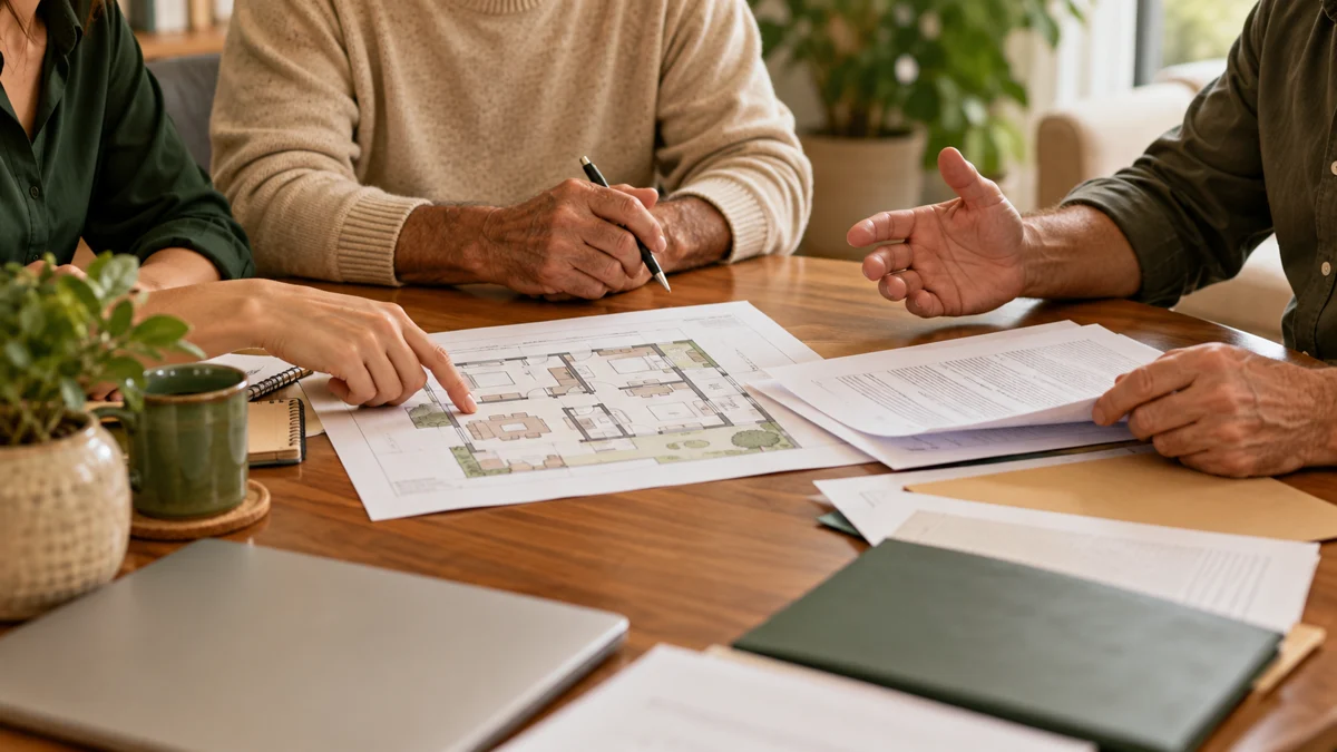 Organização de um acordo entre os herdeiros Mãos de familiares analisando papéis e uma planta residencial. Imagem ilustrativa.