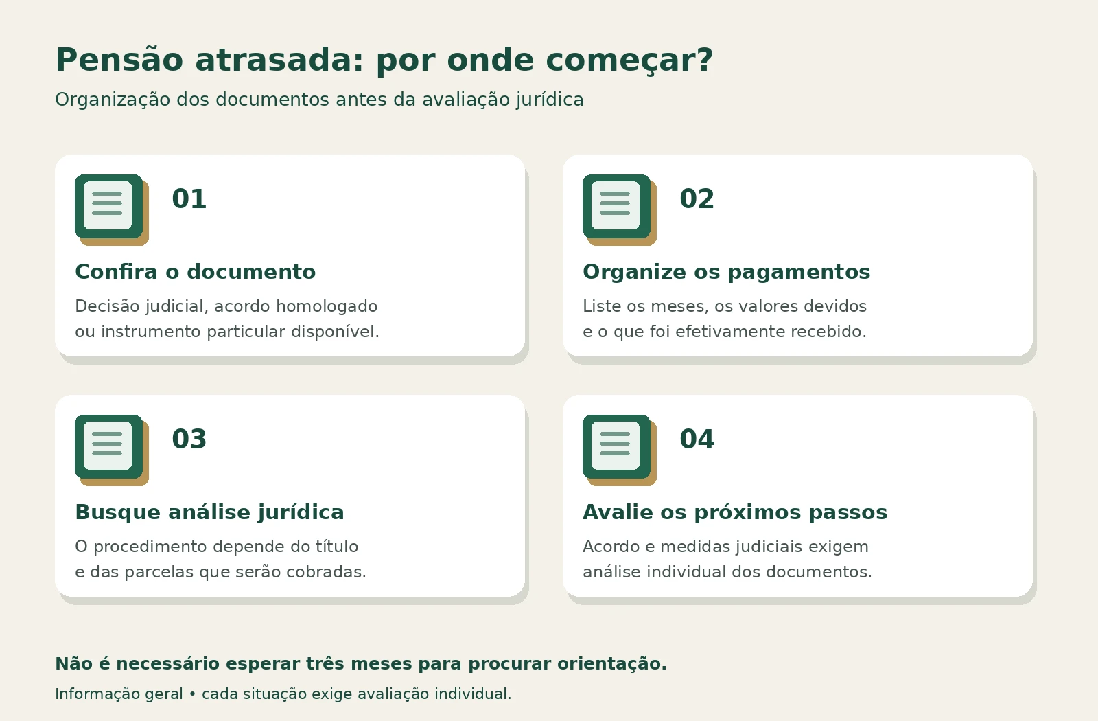 Quatro etapas: conferir documento, organizar pagamentos, buscar análise e avaliar próximos passos